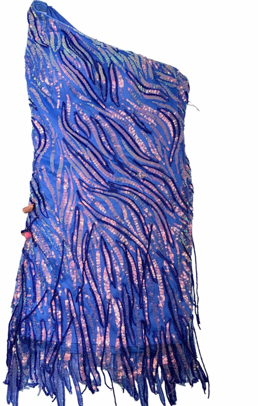 Kiss Prom Women’s Size 4 Blue Pink Sequin One Shoulder Fringe Mini Dress NWT